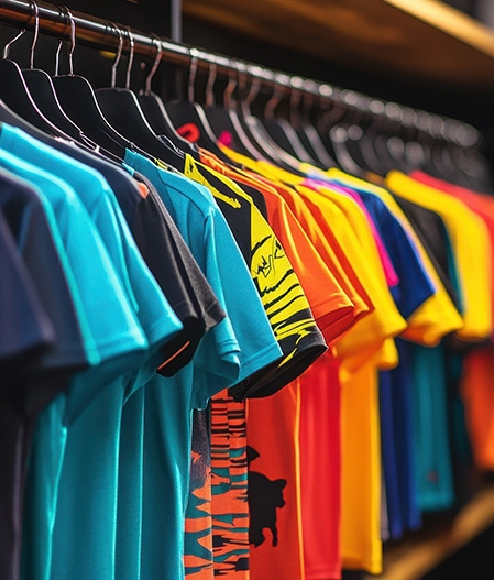 T-shirts colorés personnalisables par sublimation suspendus sur un portant
