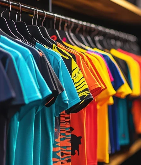 T-shirts colorés personnalisables par sublimation suspendus sur un portant